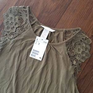 H&M NWT Army Green Lace Shoulder Blouse